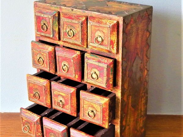 Vintage handmade, hand painted, wood and brass small drawer cabinet