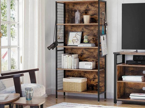 Bookcase, office shelf, kitchen shelf, with 4 shelves, 4 S-hooks included, office, living room, home office, stable steel frame, industrial design, vintage brown-black