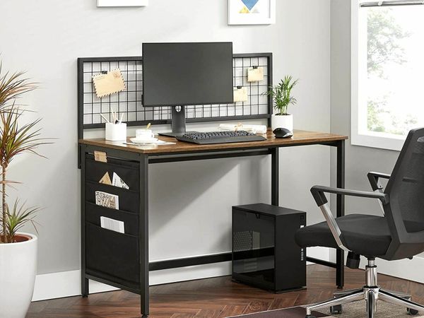Desk with Mesh Panel, Computer Table, Computer Table, with Fabric Storage Pockets, for Photos, Stationery, Industrial Style, Rustic Brown and Black
