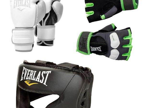Everlast Power Training Gloves 16oz+Headguard -Black+ Evergel Hand Wraps