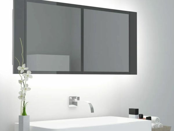New*LCD LED Bathroom Mirror Cabinet High Gloss Grey 100x12x45 cm