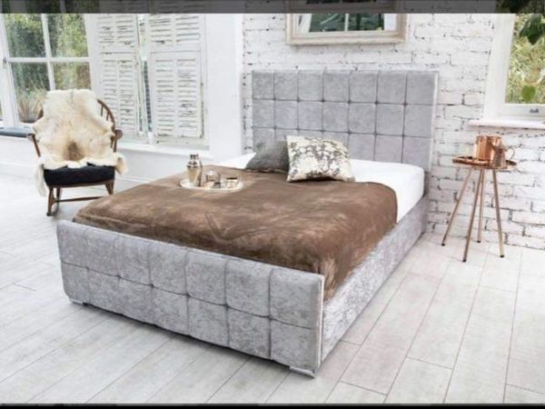 Silver crushed velvet cubed bed frames+ mattresses