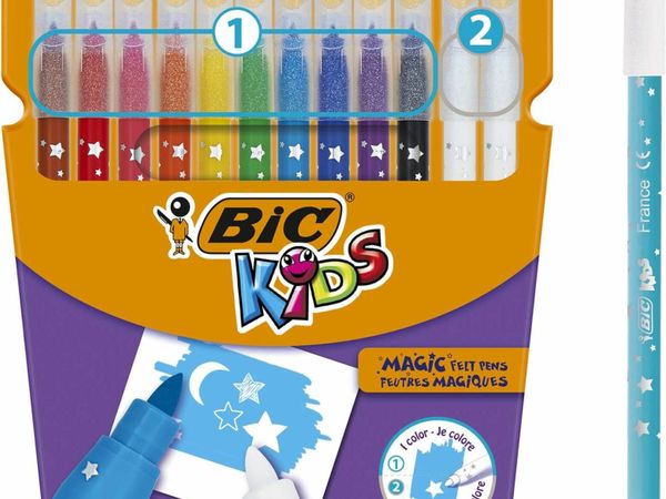 Kids Magic Felt Pens With Medium Point, Assorted Colours, Pack of 12 (10 Coloured Markers and 2 Erasers)