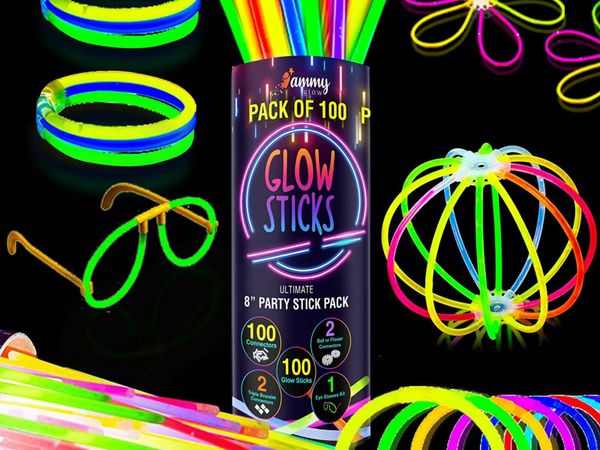 100 Glow Sticks for Children- 205 Pcs-Party Pack with Eye Glasses kit-Bracelet Connectors- Neon Necklaces and Balls for Party Supplies-Multi Colored Non Toxic
