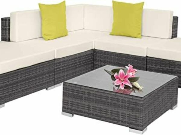 Aluminium Polyrattan Lounge Seating Set with Glass Table Sofa Table Set for Garden, Balcony and Patio with Cushions(Grey)