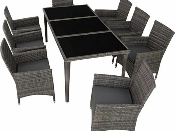 Aluminium Poly Rattan Dining Set, 8 Chairs + 1 Dining Table with Glass Tops, Includes 2 Cover Sets and Protective Cover(Grey)