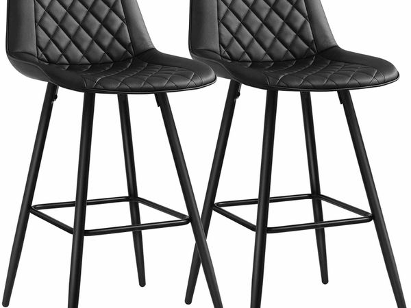 Bar stool set of 2, Bar chair, High stool, metal frame, with padded back and seat, metal footrest, PU quilted surface, load capacity 120 kg, Black