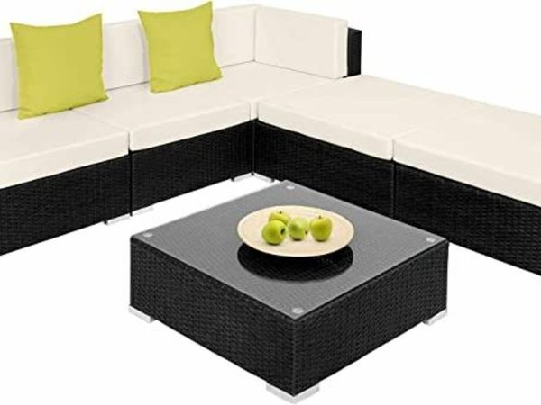 Aluminium Polyrattan Lounge Seating Set with Glass Table Sofa Table Set for Garden, Balcony and Patio with Cushions(Black)