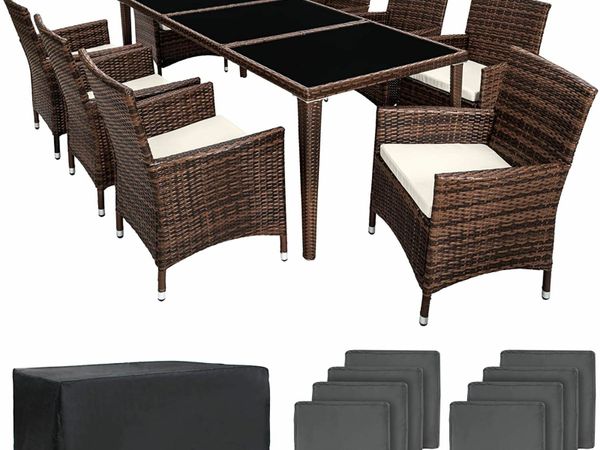 Aluminium Poly Rattan Dining Set, 8 Chairs + 1 Dining Table with Glass Tops, Includes 2 Cover Sets and Protective Cover(Brown)