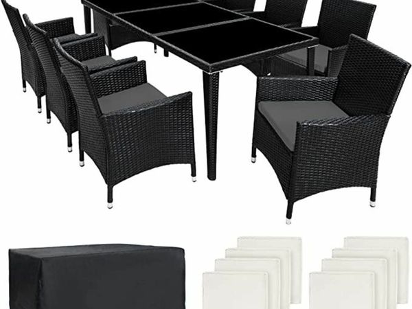 Aluminium Poly Rattan Dining Set, 8 Chairs + 1 Dining Table with Glass Tops, Includes 2 Cover Sets and Protective Cover(Black)