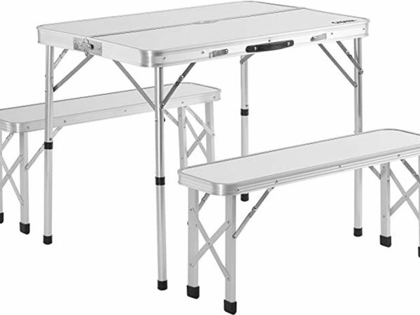 3-piece Aluminium Camping Table Set Folding 2 Benches 90 x 60 x 70 cm Carry Handle Garden Foldable