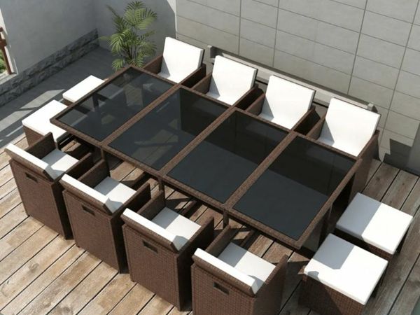 New*LCD 13 Piece Outdoor Dining Set with Cushions Poly Rattan Brown