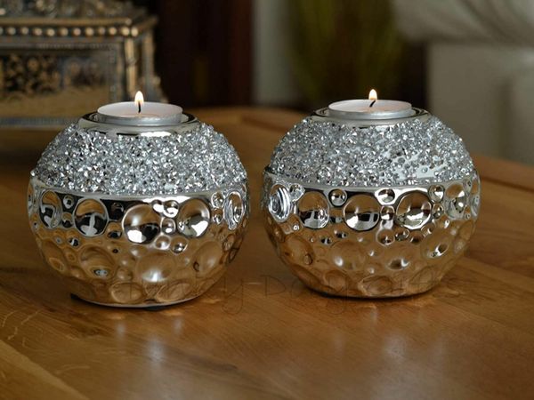 Pair of Ceramic Tea Light Silver Diamante Sparkle Candle Holders Decorative Round Ornaments Sphere Table Centerpiece Decoration Candlestick Pots Home Accessories