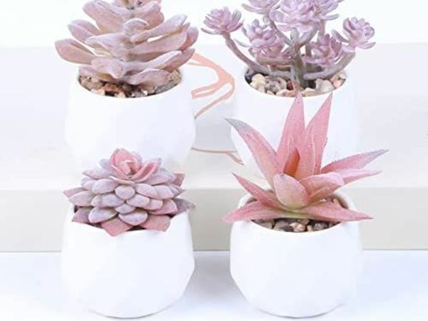 Set of 4 Artificial Succulent Plants Mini Fake Succulents Plants Artificial Potted for Home Garden Office and Outdoor Decor (pink)