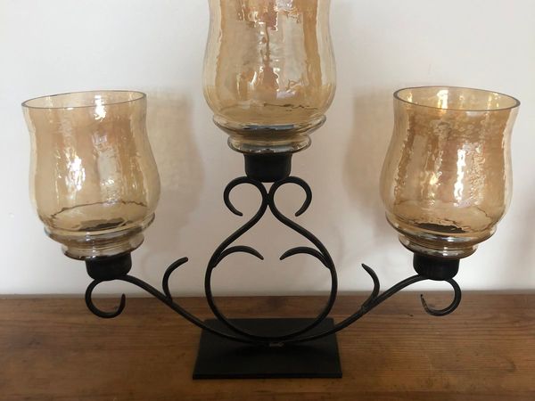 Large 3 candle stick holder with gold tinted glass