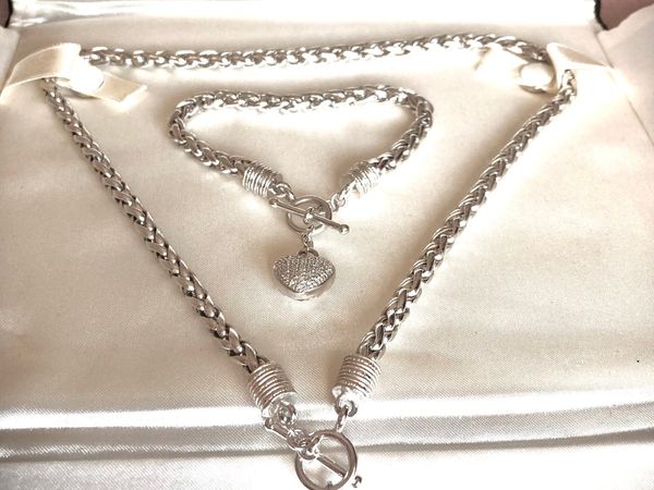 Silver chain & bracelet with heart pendant