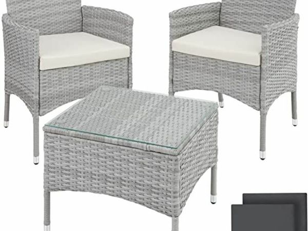 Poly Rattan Garden Set | 2 chairs and small table with glass top | Sturdy steel frame - Various colors - (Light gray