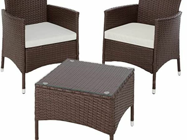 Poly Rattan Garden Set | 2 chairs and small table with glass top | Sturdy steel frame - Various colors - (Mixed brown
