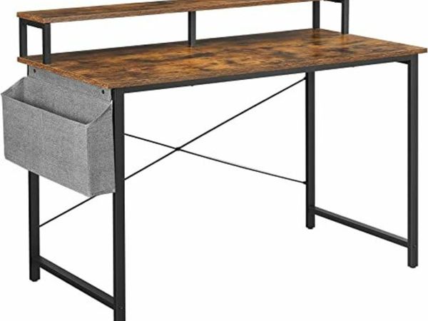 desk, computer table with monitor stand, storage bag, adjustable feet, industrial design, 120 x 60 x 90 cm