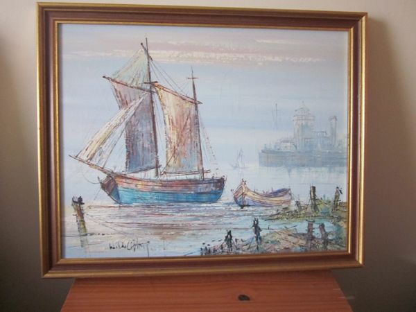 Original Mixed Media Painting of "Boat in Sail" by  H. Duchamp