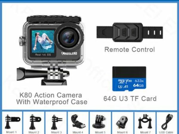 Action Camera K80 4K Dual Screen WiFi 5m Body Waterproof 60FPS 20MP 2.0 Touch LCD EIS Remote Control 4X Zoom Sports Cam