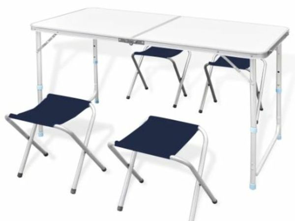New*Foldable Camping Table Set with 4 Stools Height Adjustable 120x60cm