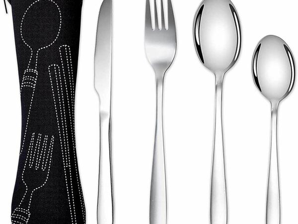 Cutlery Set with Portable Pouch Case, Stainless Steel Flatware Camping Utensil Set with Neoprene Bag for Outdoor Travel Picnic Office School Lunch Box (4 Pcs Black)