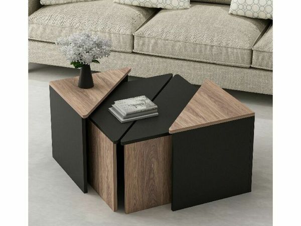 Coffee table 4 set side table sofa table with shelves - Living room home furniture Black, 60 x 60 x 42 cm