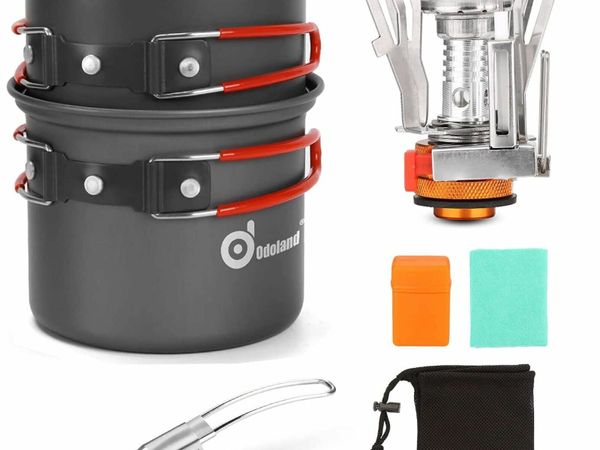 Camping Cookware Set With Stove and Tableware - Portable Campfire Stainless Steel Cook Gear Outdoor Traveling Cooking Utensils Kit for Trekking Hiking Picnic