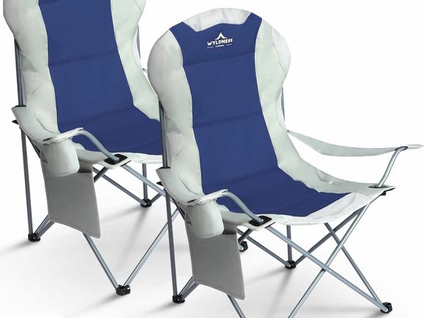Premium Padded Camping Chairs Set of 2 - Luxury Collapsible Outdoor Seats with Side Pockets & Cup Holder, Lightweight, Heavy-duty & Waterproof for Garden, Fishing, Picnic, Travel (Blue)