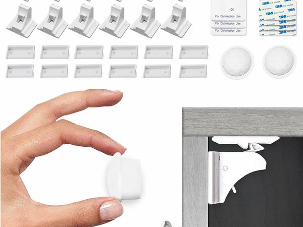 Cupboard Locks for Children- Pack of 12 Magnetic, Child Safety Lock Latches with 2 Keys for Kitchen Cupboards and Drawers - Baby Safety Products - White