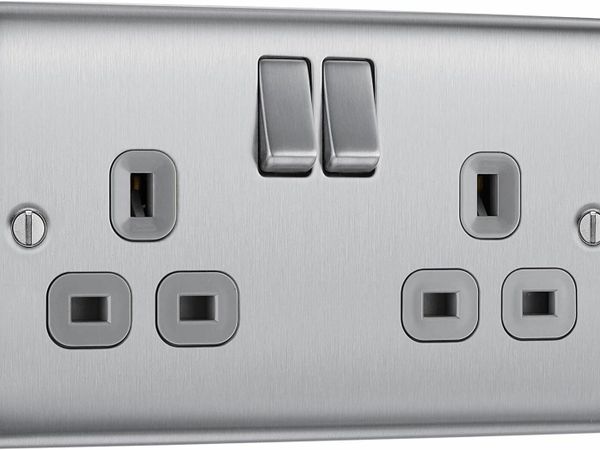 NBS22G-01 Double Switched Power Socket, Brushed Steel, 13 Amp