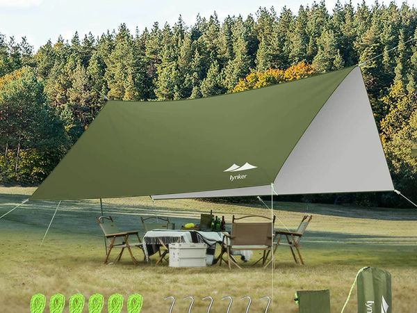 Hammock Rain Fly Tent Tarp, 3m x 3.2m Camping Tent Tarp Shelter Waterproof, Lightweight Camping Tarpaulin with 6 Stakes, 6 Ropes & Storage Bag, Anti-UV Hammock Tarp for Outdoor Travel Yard