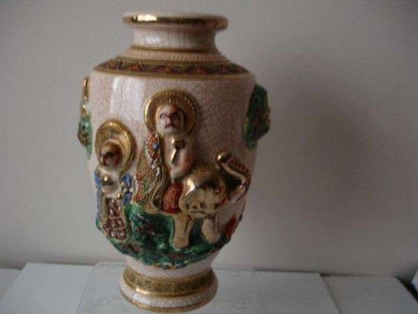 Japanese  Satsuma  Style Hand Painted Crackle Glaze  Vase with Raised  Figures /Elephant Head c1930's