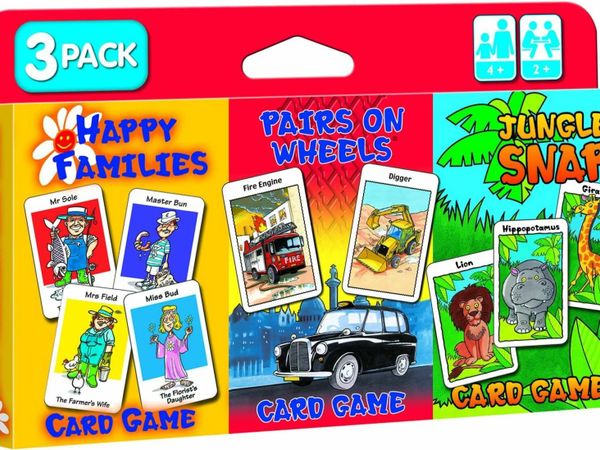 3 x kids Card Games - Jungle Snap, Pairs on Wheels & Happy Families, Great Fun For Ages 4+