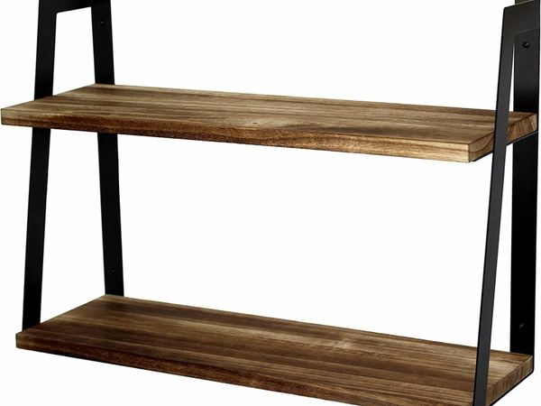2-Tier Modern Rustic Floating Wall Shelves - Wall Mounted Wood Shelf for Display, Books, Storage & Decor - For Bathroom, Office, Living Room, Bedroom, Laundry, Kitchen (Matte Black)