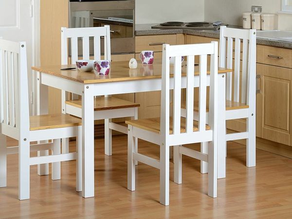 Dining Set - White and Oak - Dining Table and 4 Slatted, Highback Chairs