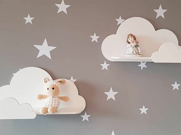 Set of 2 Happy Woody Cloud Wall Shelves for Nursery/Wooden Floating Shelf/Baby Room Decor/Children's Shelves/Kids Room Decoration/Gift Set (White)