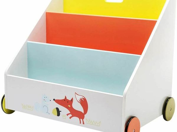 2-in1 Well Bookcase on wheels for toddler Toy Storage unit Wooden toy box Creative Bookcase with Cute Animal Patterns Orange Fox’