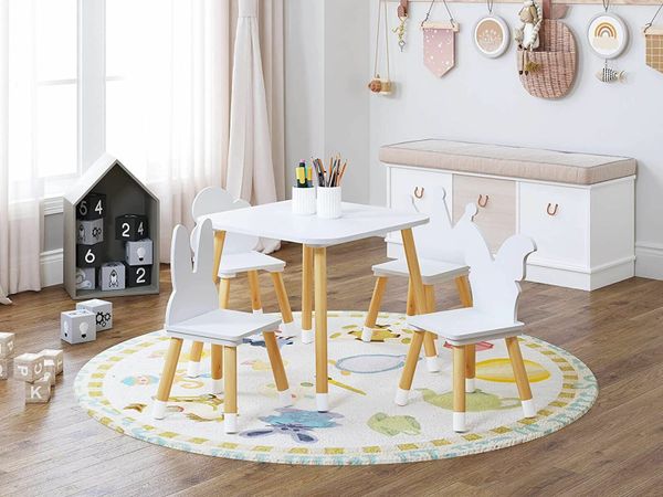 Kids Table and Chair Sets 4, Childrens Wooden Toddlers Girls Boys Furniture 5 Piece Kiddy Eating Table with 4 Chairs Wooden White
