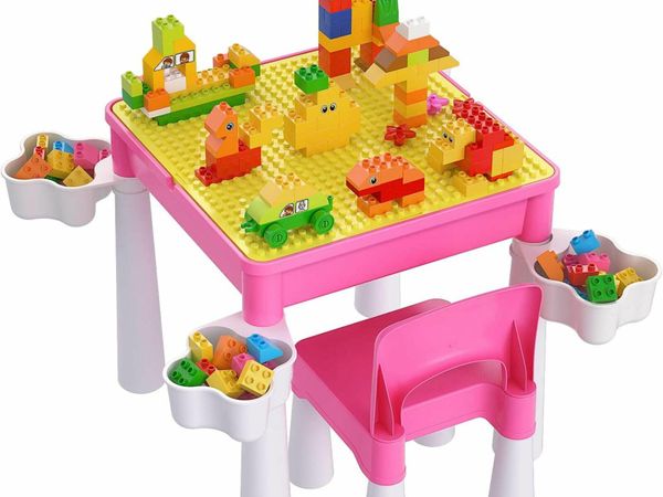 Toddler Table and Chair Set, Plastic Kids Activity Table with Chair and 128 Piece Large Creative Bricks Building Toys for Girls Age 2 Years and Up, Pink