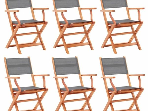 New*LCD Folding Garden Chairs 6 pcs Grey Solid Eucalyptus Wood&Textilene