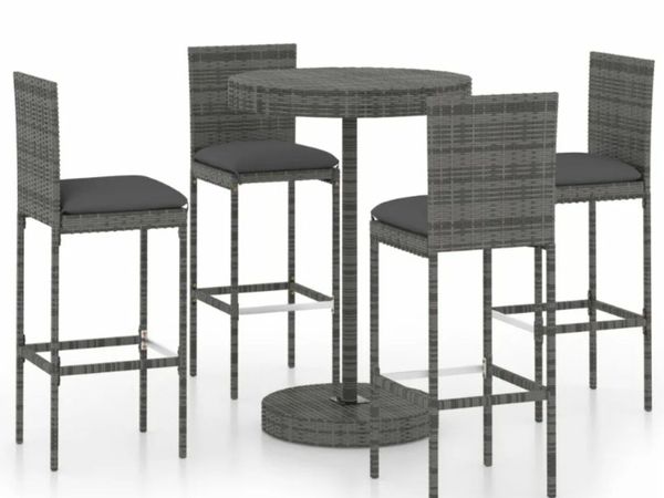 New*LCD 5 Piece Garden Bar Set with Cushions Poly Rattan Grey