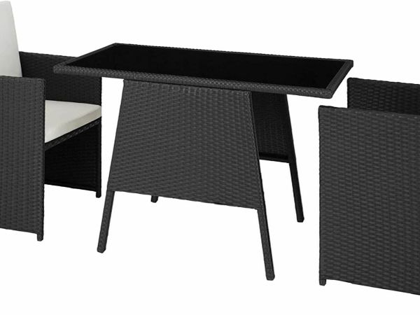 Polyrattan seating group for 2 people, can be pushed together, 2 chairs & 1 table with glass top, including seat and back cushions - Various colors - (Black