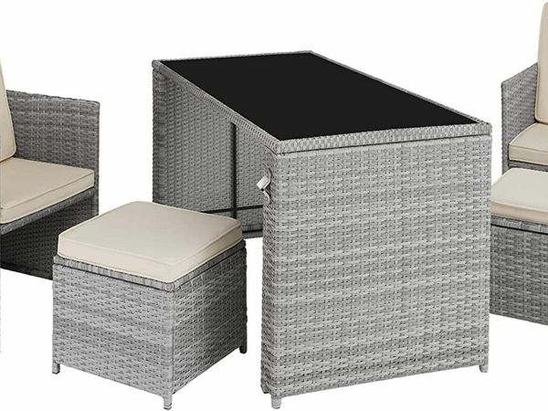 Rattan 5-piece seating group, garden furniture set with dining table, armchair and stool, for up to 4 people, dining set for garden and balcony, including upholstery - various colors - (light gray