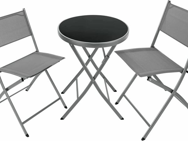 Bistro set, table with glass top and 2 chairs, robust steel frame, easy to assemble and disassemble, various colors (grey)
