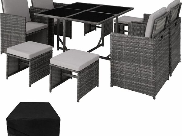 Poly Rattan Seating Set Including Protective Cover and Stainless Steel Screws 4 Chairs 1 Table 4 Stools Various Colours (Grey