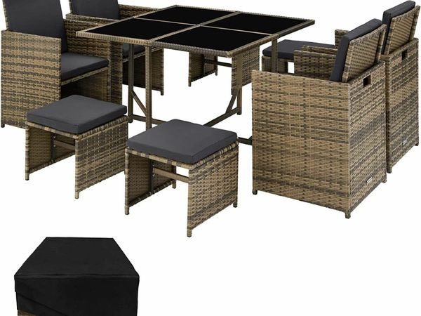 Poly Rattan Seating Set Including Protective Cover and Stainless Steel Screws 4 Chairs 1 Table 4 Stools Various Colours Natural