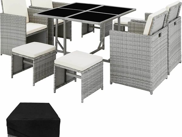 Poly Rattan Cube Set Including Protective Cover and Stainless Steel Screws 4 Chairs 1 Table 4 Stools Various Colours (Light Grey