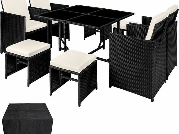 Poly Rattan Seating Set Including Protective Cover and Stainless Steel Screws 4 Chairs 1 Table 4 Stools Various Colours (Black